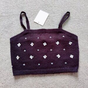 Endless Rose Women's Knit Crop Top with Sequin Floral Beads Black Size Medium